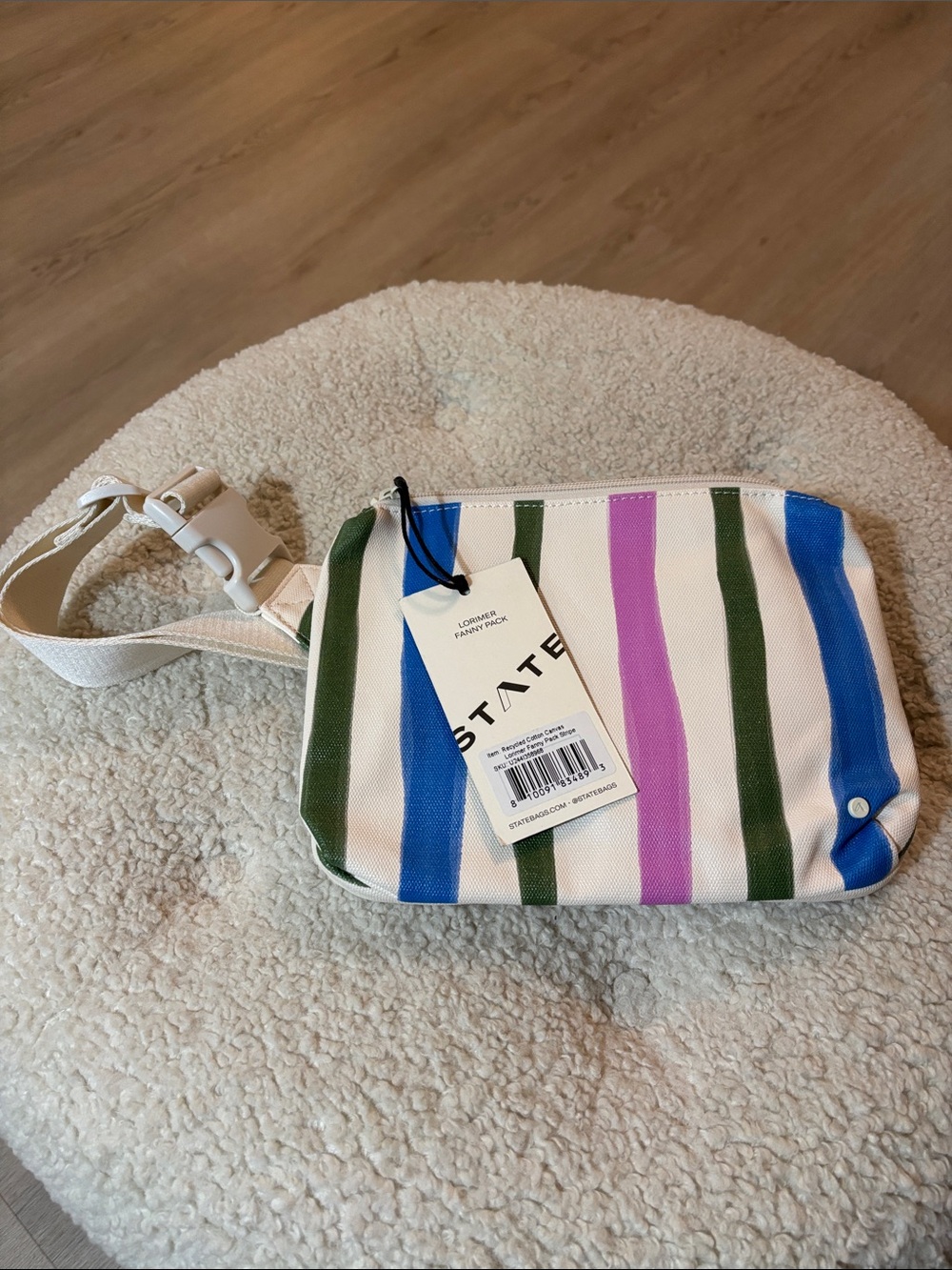 STATE Lorimer Fanny Pack Crossbody Bag 2 Zip Green Purple Blue Stripes NWT